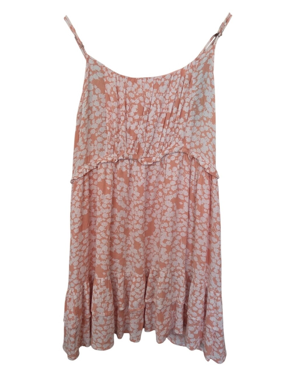 Newbury Kustom Peach & White Floral Print Tiered Ruffle Mini Boho Slip Dress SzM